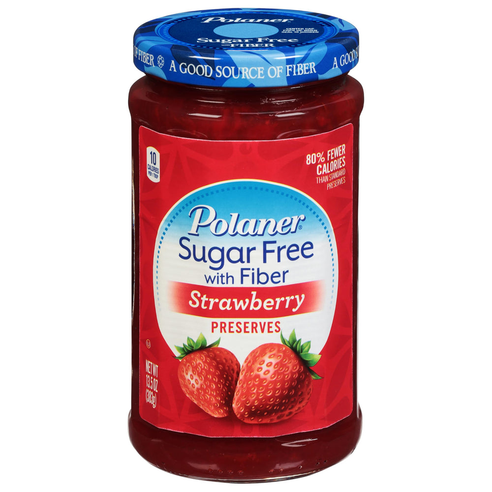 Polaner Sugar-Free Strawberry Preserves jar front label highlighting fiber.