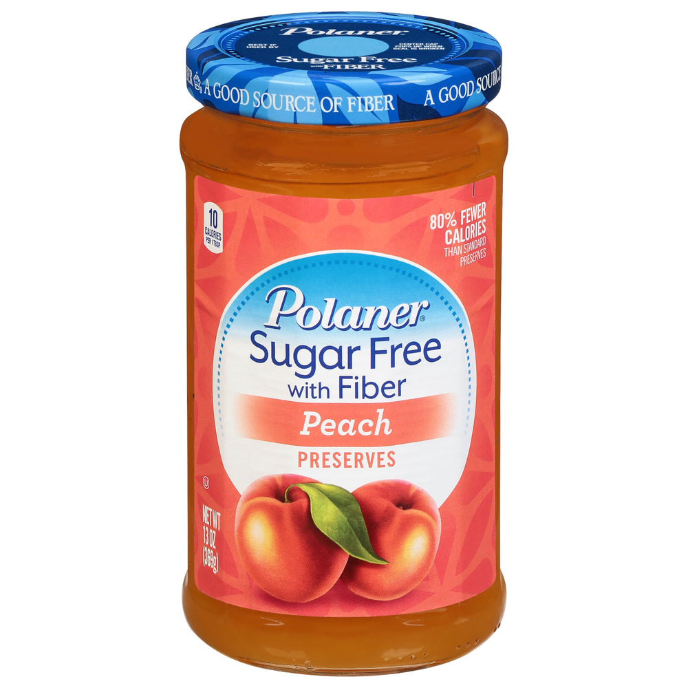 Polaner Sugar Free with Fiber Peach Jam jar on a kitchen shelf ready for breakfast