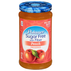 Polaner Sugar Free with Fiber Peach Jam jar on a kitchen shelf ready for breakfast