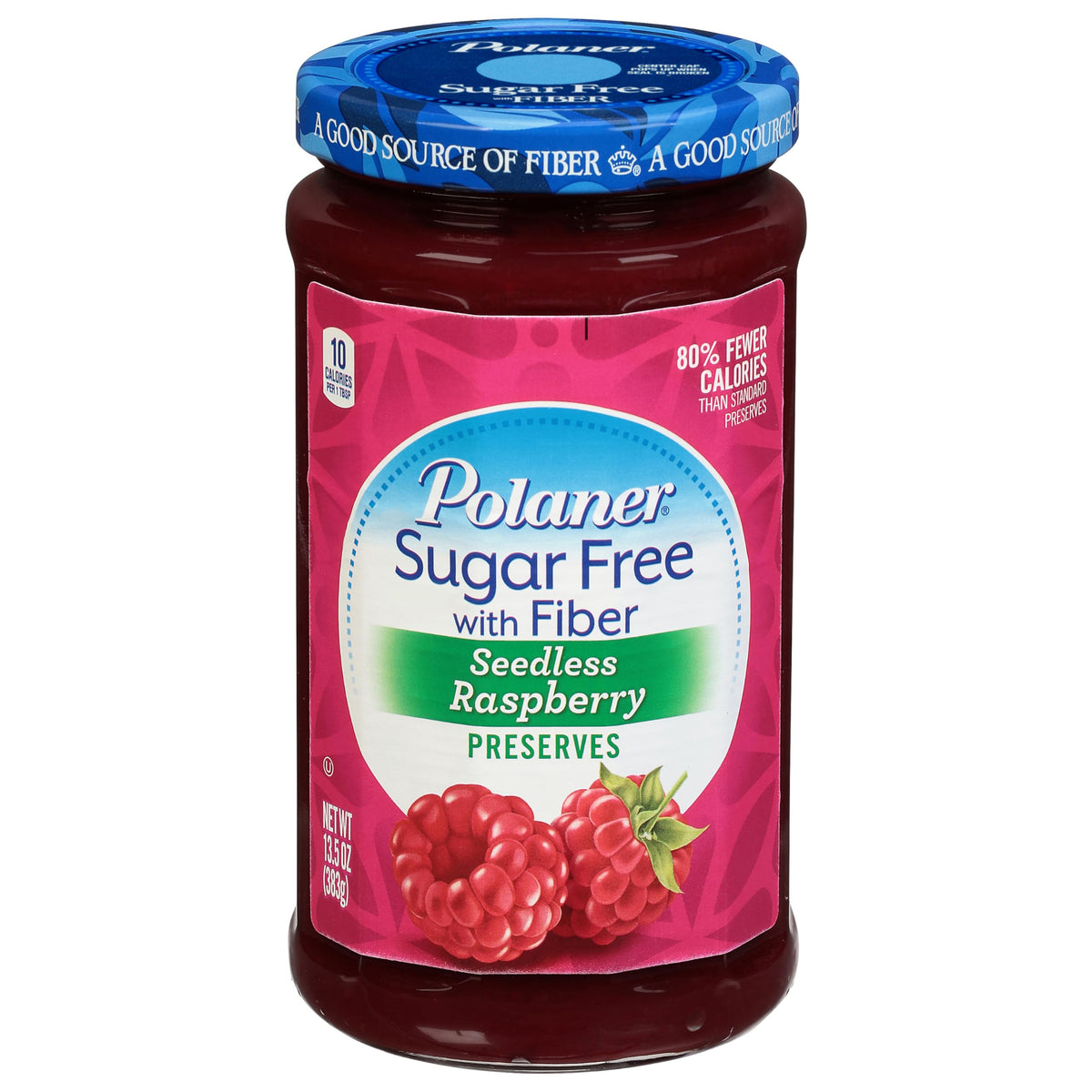 Polaner Sugar Free with Fiber raspberry preserves jar on kitchen counter, seedless flavor for toast
