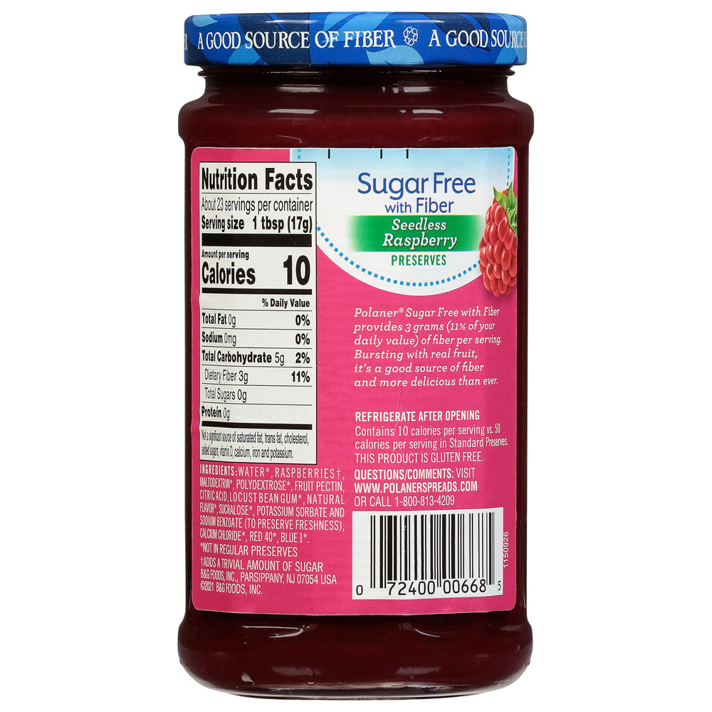 Polaner Sugar Free with Fiber preserves spread on toast, bright raspberry flavor with fiber