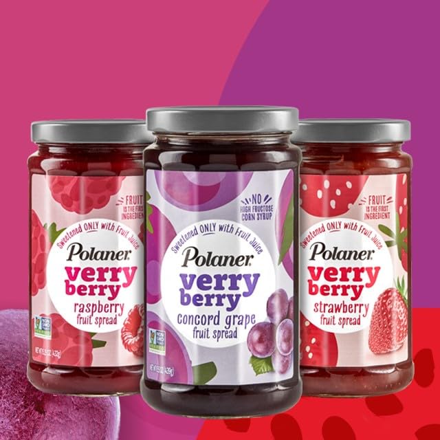 Polaner Verry Berry Fruit Spread jar and spoon, snack ready.