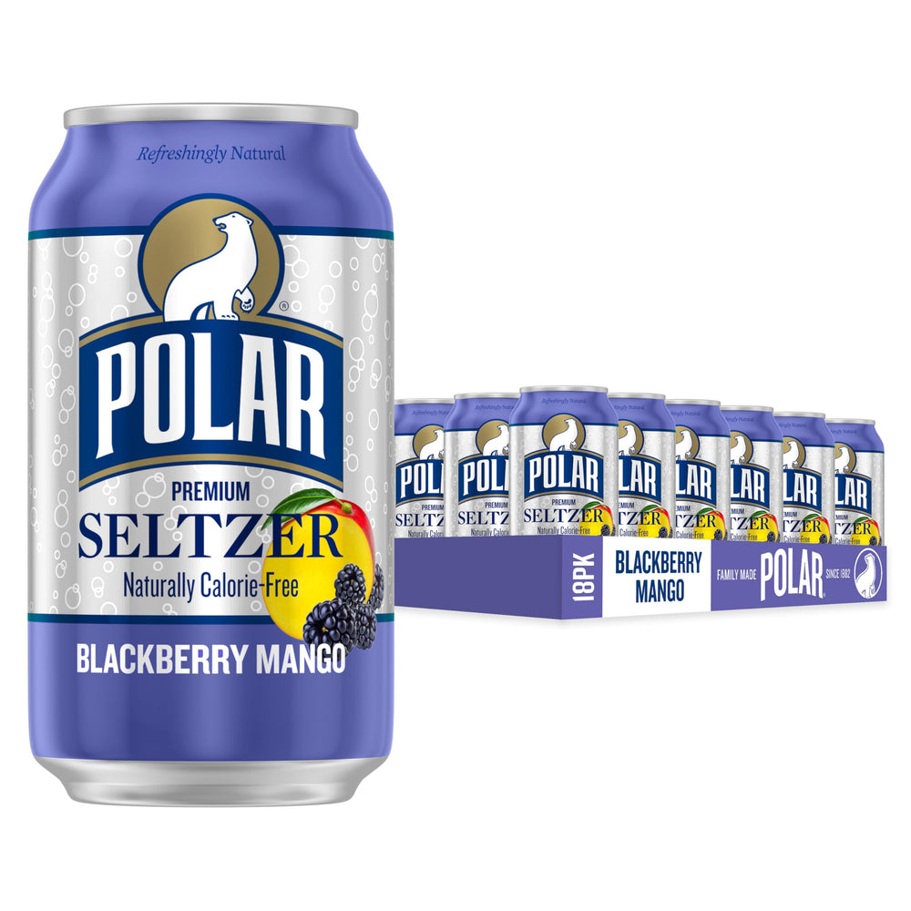 Polar Seltzer Blackberry Mango can closeup, refreshing berry-mango flavor with lively bubbles.