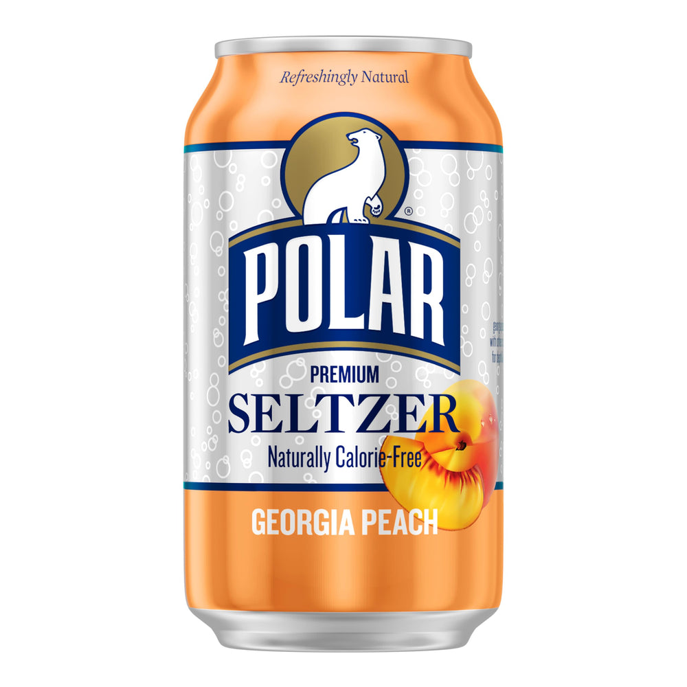 POLAR Seltzer Georgia Peach 18-pack conveys convenient, calorie-free hydration for gatherings.