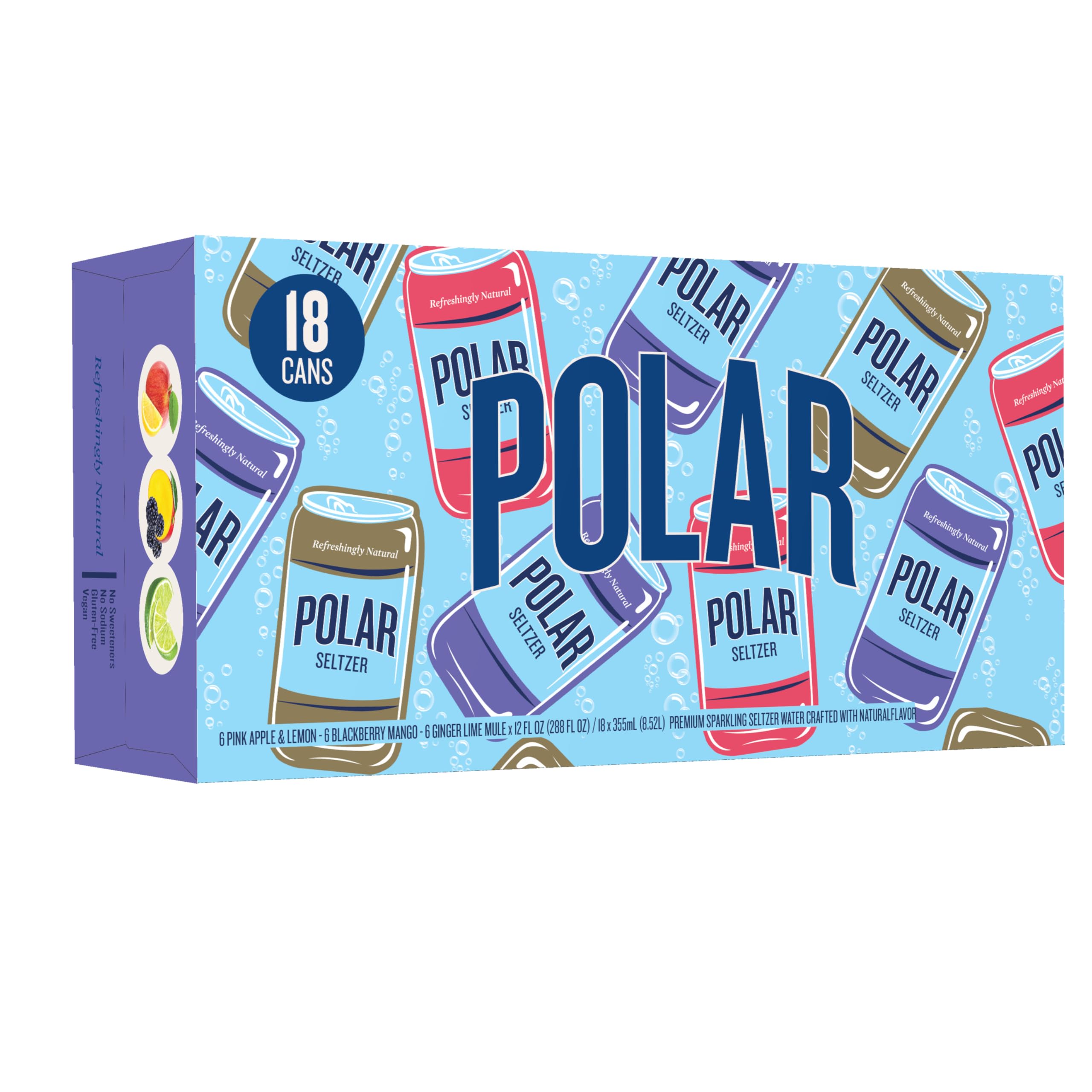 Polar Seltzer gluten-free vegan labeling on pack signals inclusive, quality ingredients.