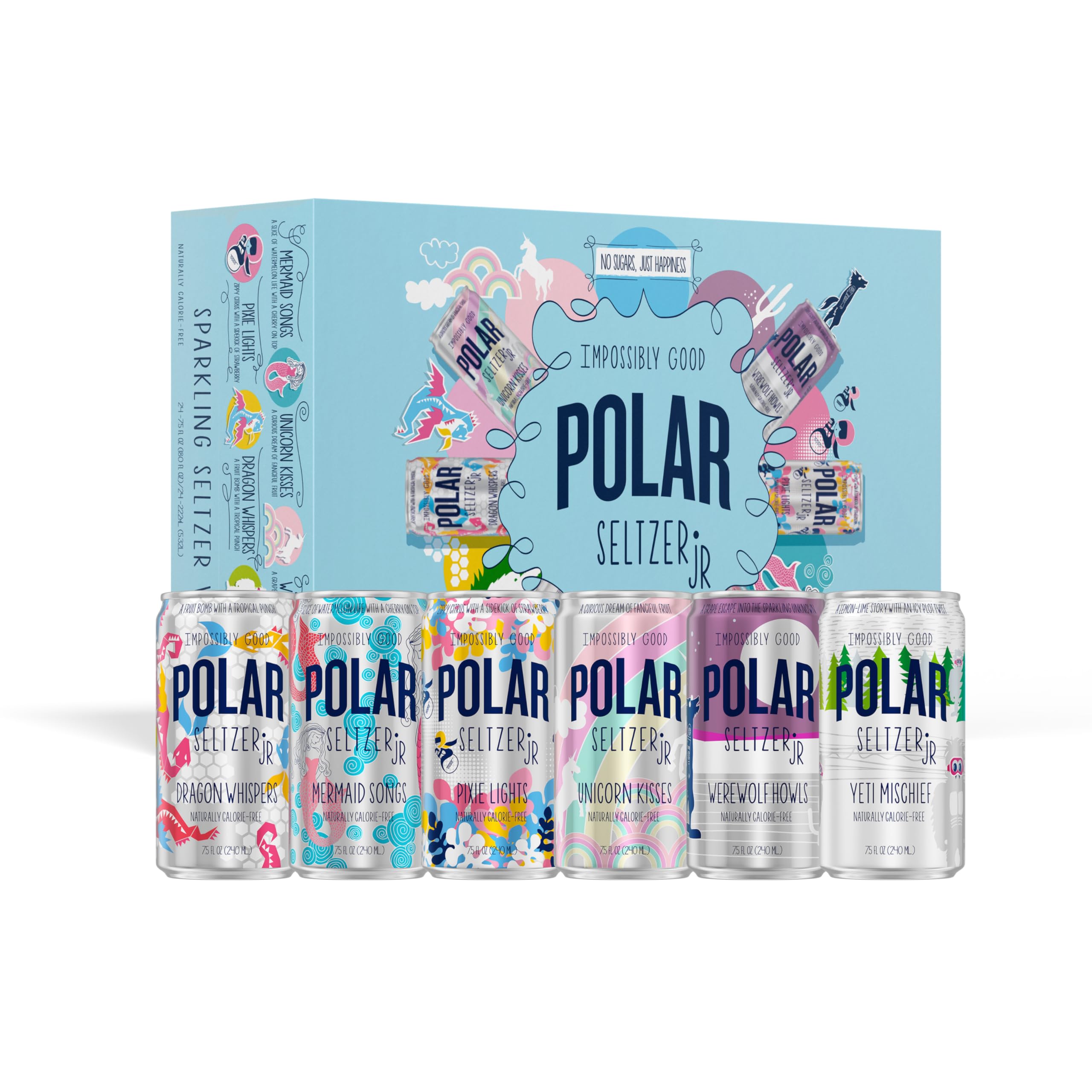 Polar Seltzer Jr Unicorn Kisses can, crisp fruit flavor for a sugar-free refreshment