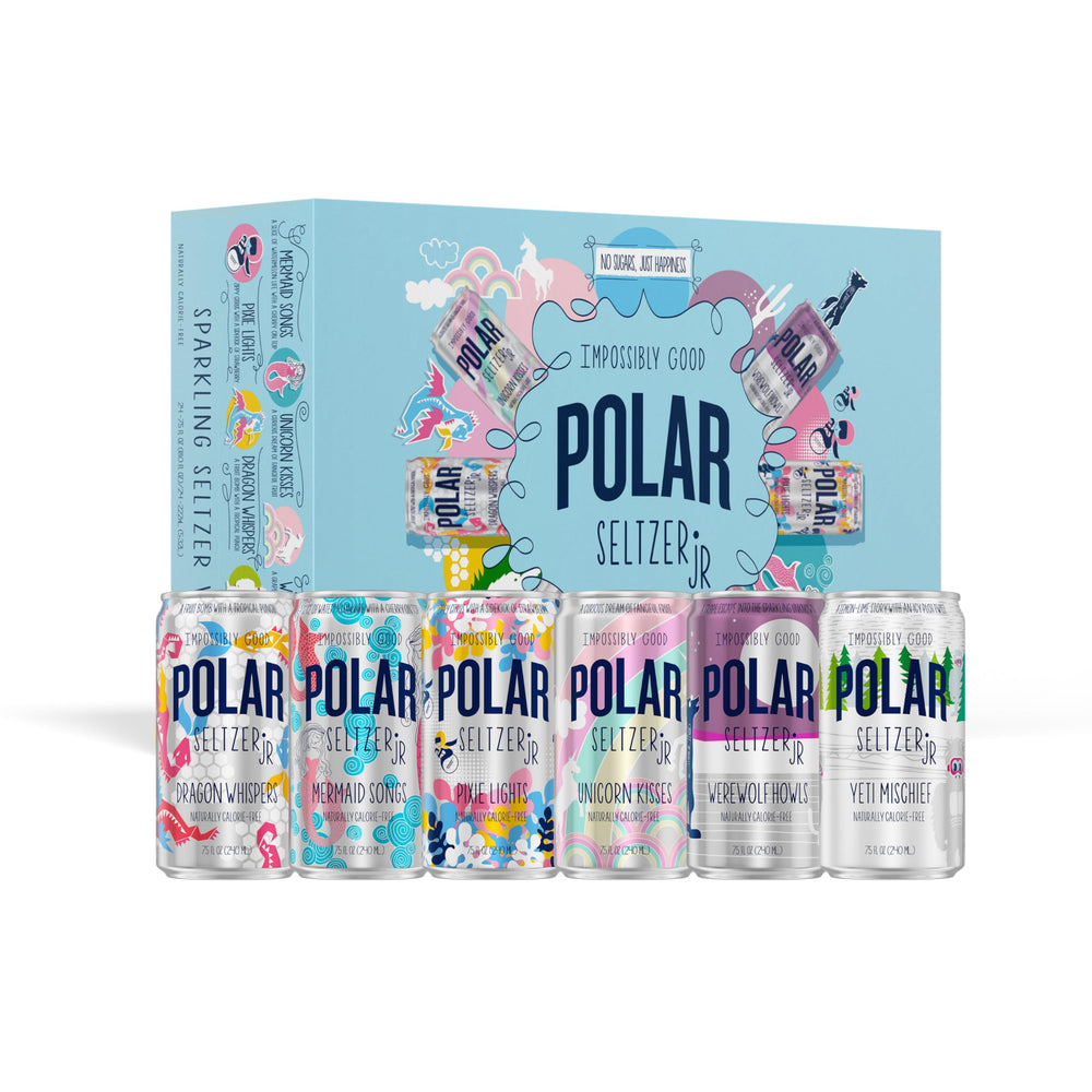Polar Seltzer Jr Unicorn Kisses can, crisp fruit flavor for a sugar-free refreshment
