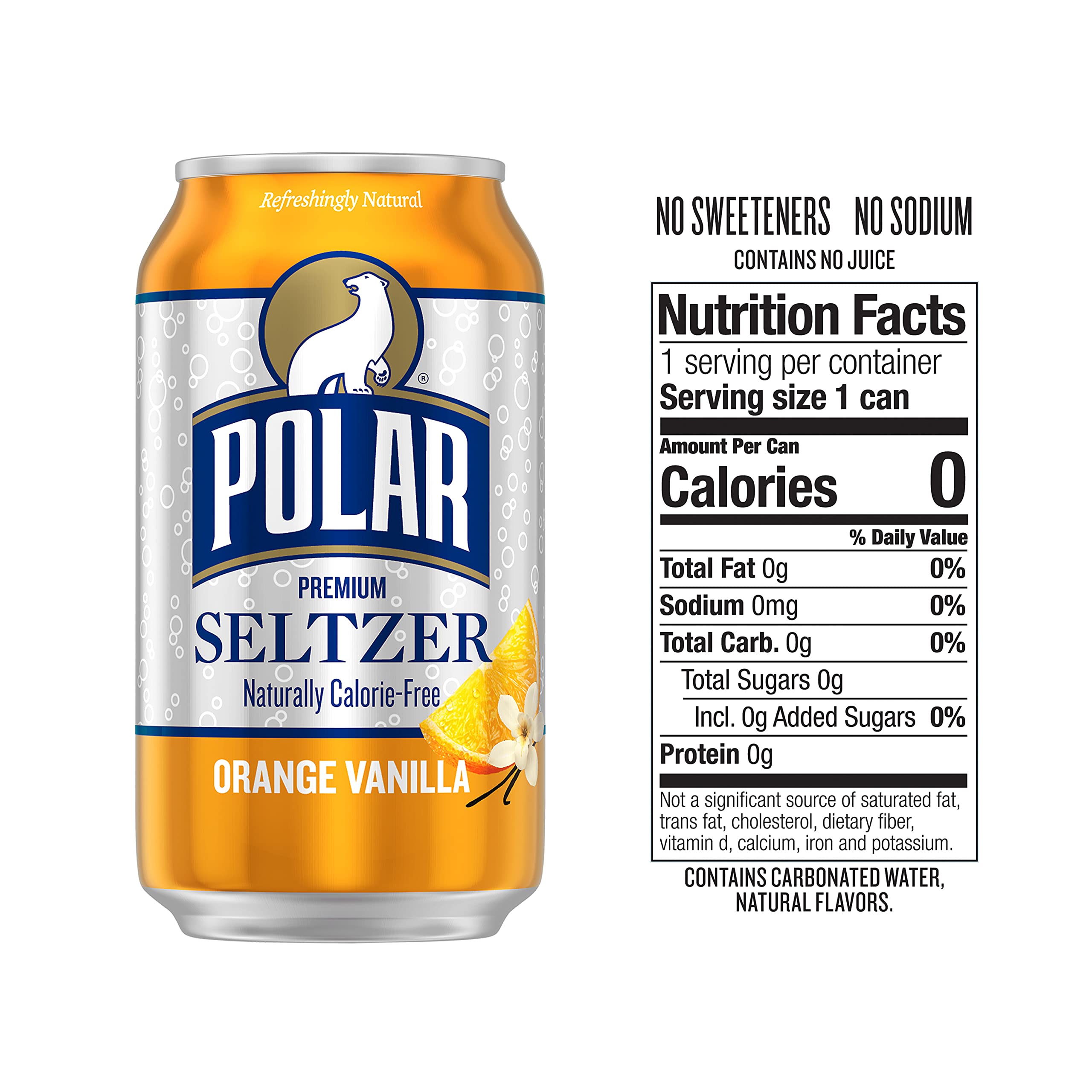 Polar Seltzer Orange Vanilla bubbles close-up highlights bright flavor and refreshment.