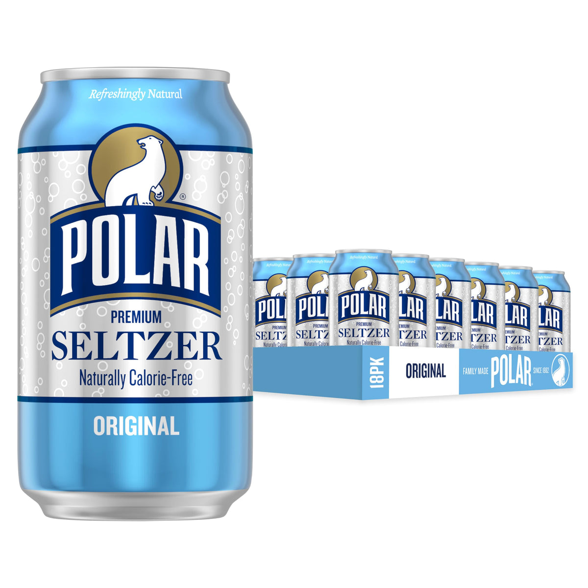 Polar Seltzer Original can close-up with sparkling bubbles signaling crisp hydration