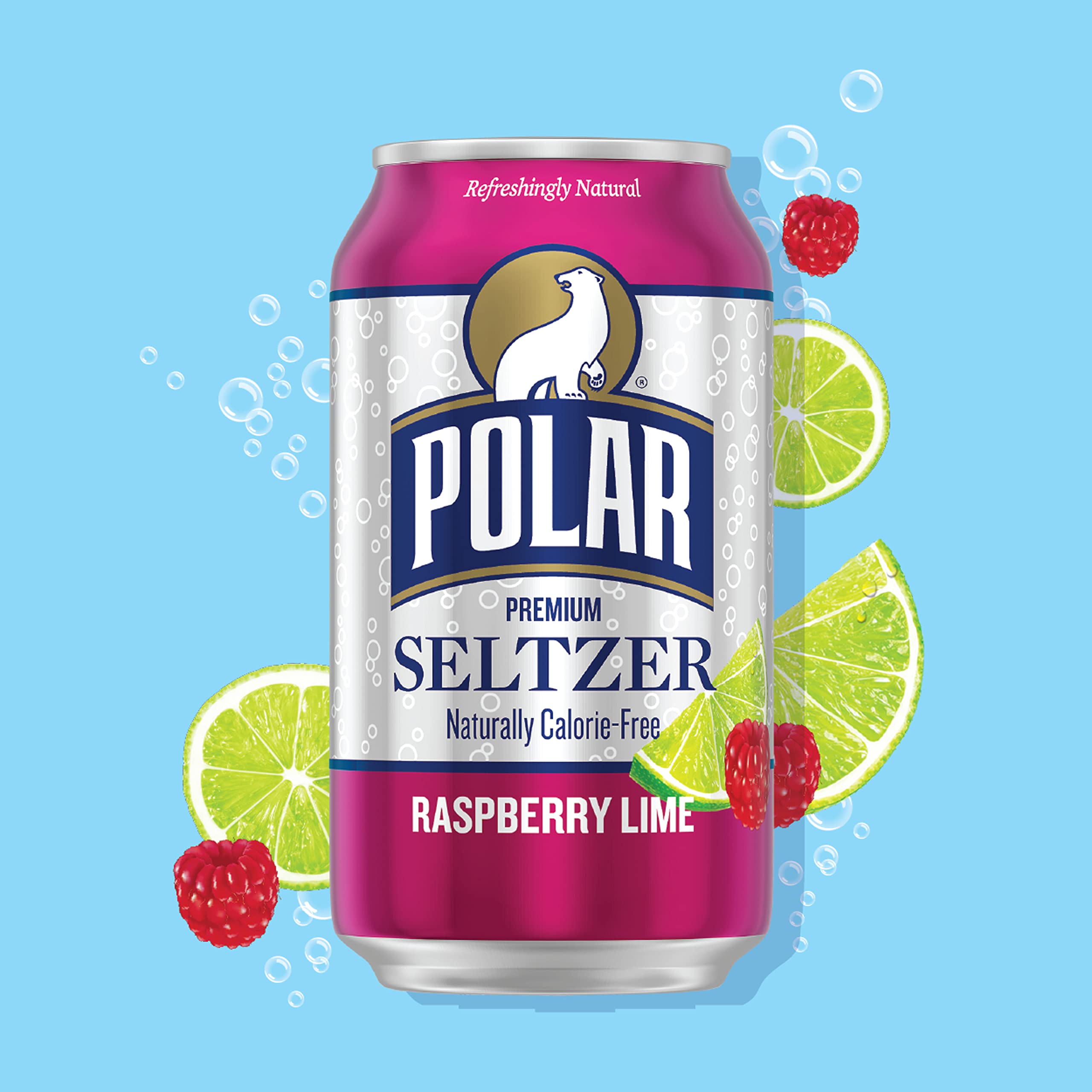 Polar Seltzer Raspberry Lime bubbles closeup highlighting natural flavor essences