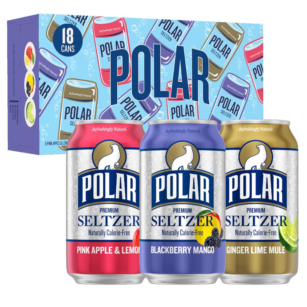 Polar Seltzer variety pack 18-count featuring three flavors for versatile, calorie-free refreshment.