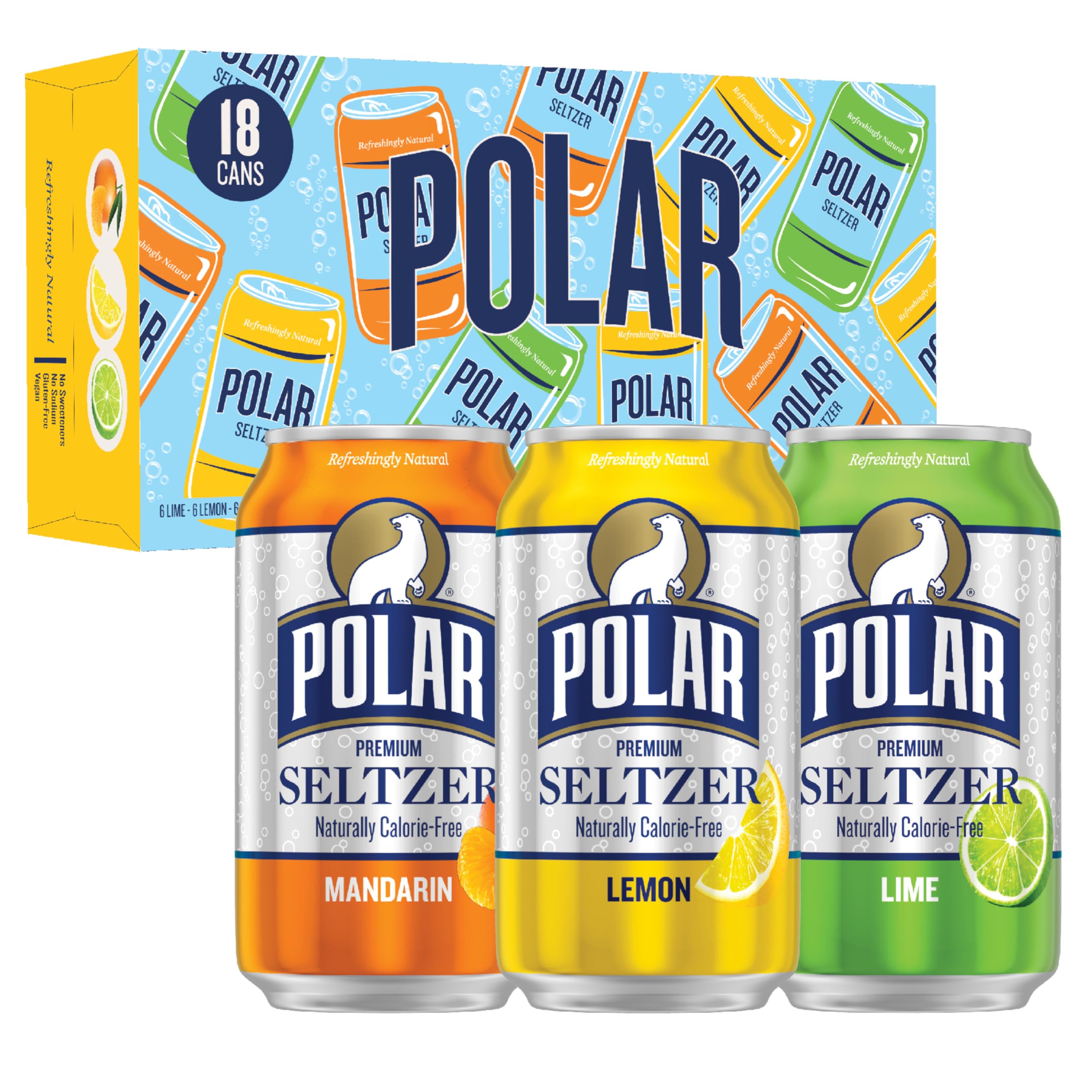 Polar Seltzer Citrus Variety Pack front view, featuring lime, lemon, and mandarin flavors for a crisp sip.