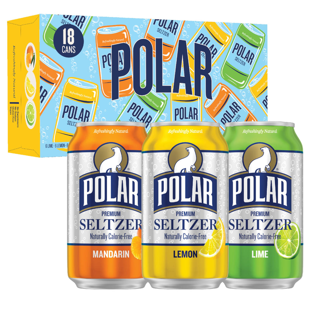 Polar Seltzer Citrus Variety Pack front view, featuring lime, lemon, and mandarin flavors for a crisp sip.