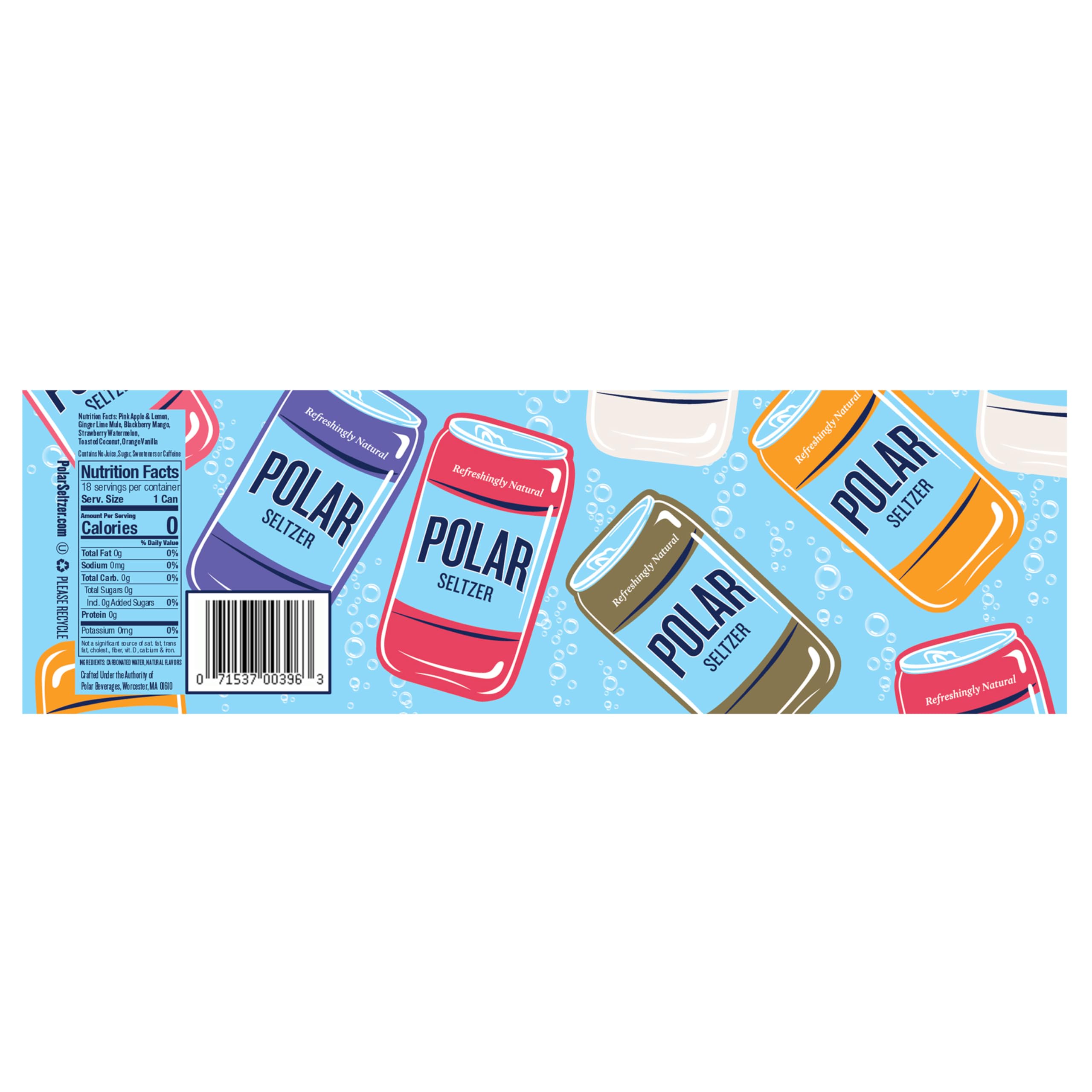 Polar Seltzer variety-pack front-view showcases the 18-can assortment.
