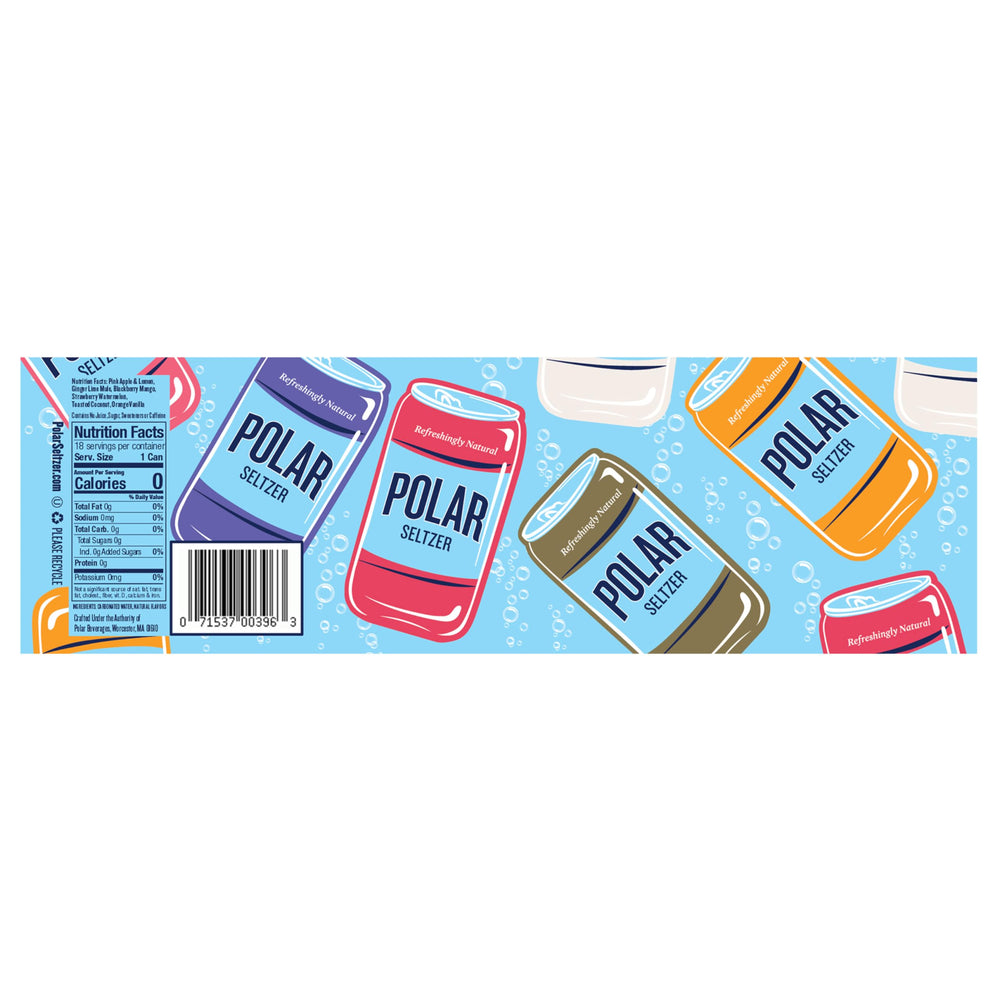 Polar Seltzer variety-pack front-view showcases the 18-can assortment.
