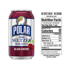 Polar Seltzer Black Cherry close-up shows sparkling bubbles and natural flavors.
