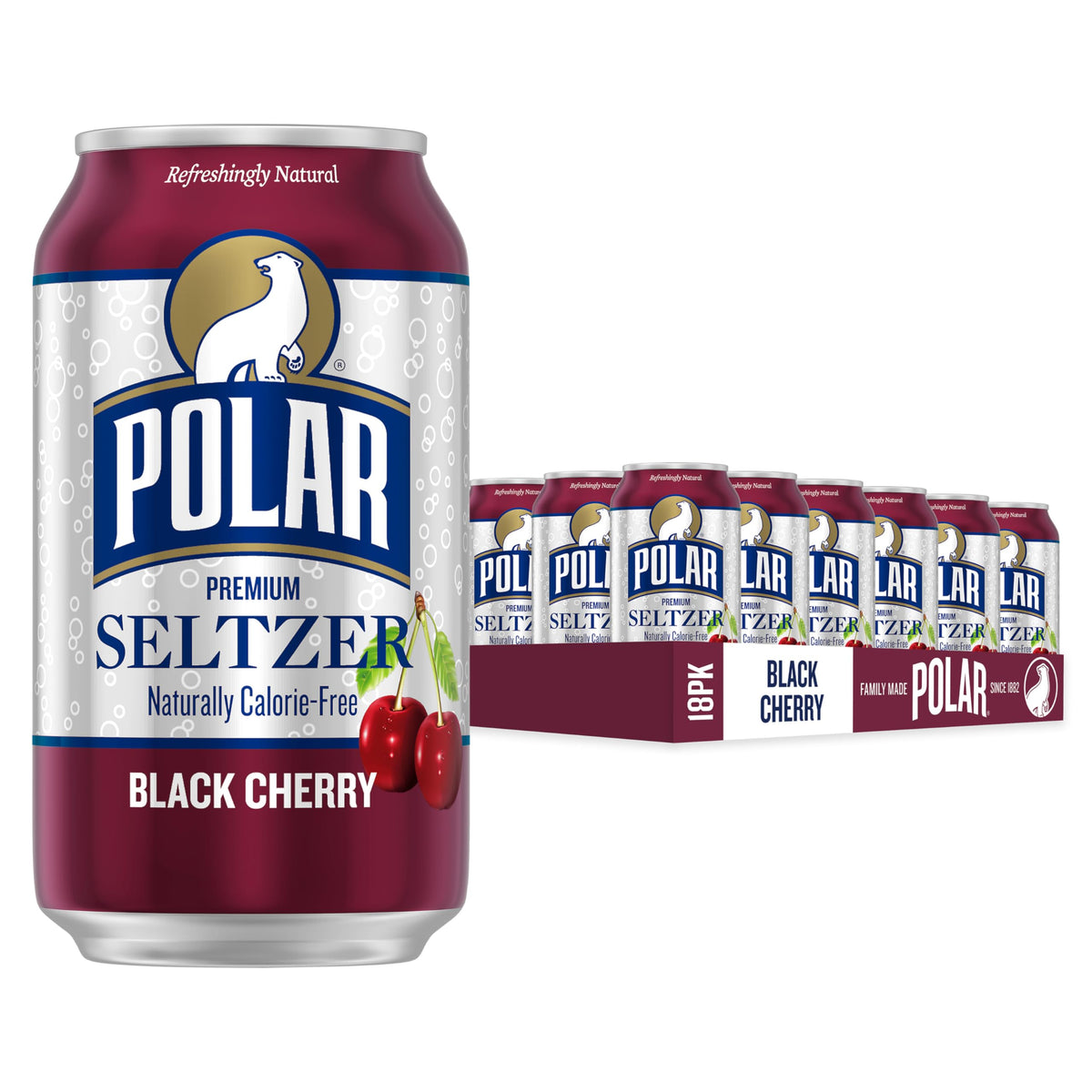 Polar Seltzer Black Cherry can front view highlighting crisp flavor.