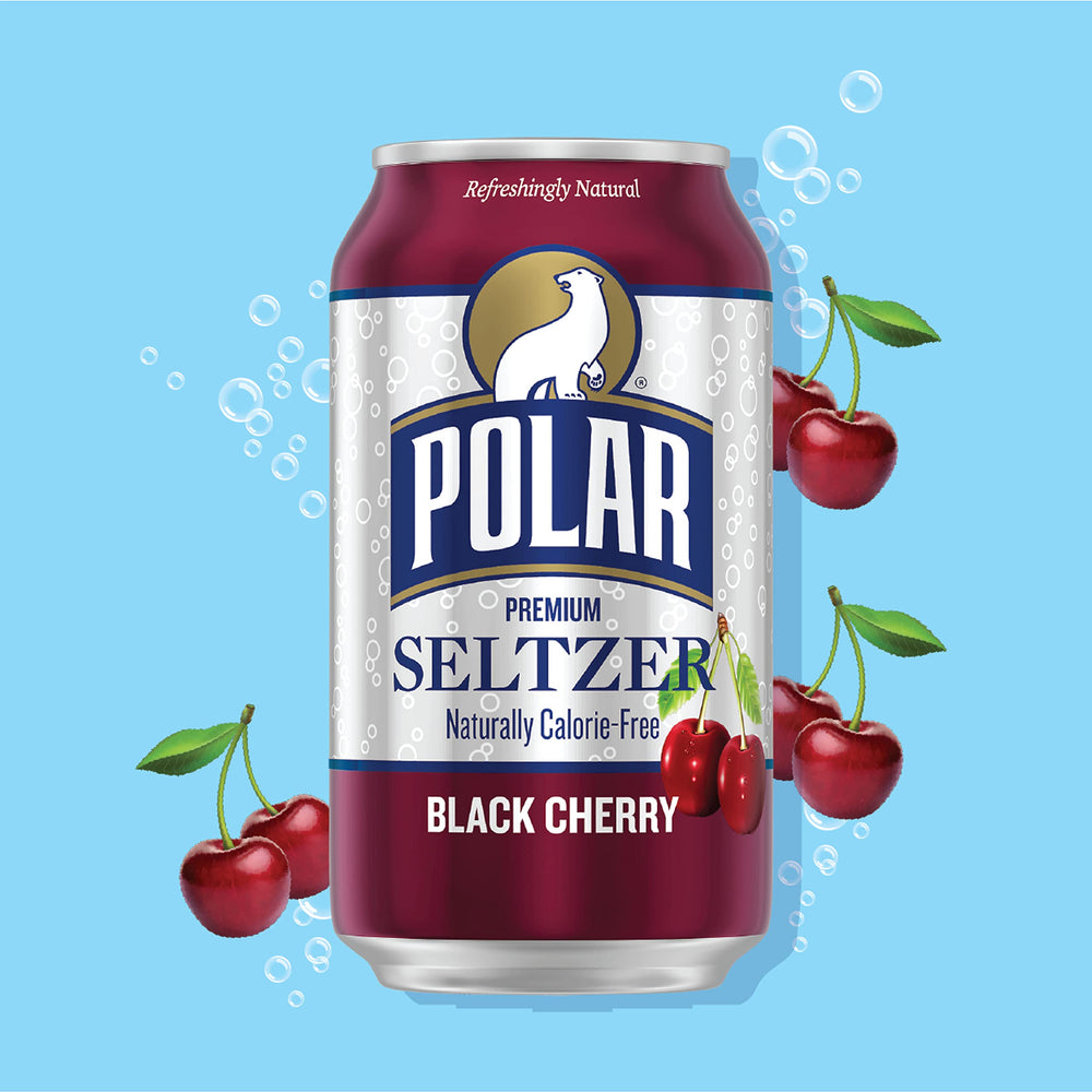 Polar Seltzer Black Cherry in a glass with bubbles for a refreshing pairing.