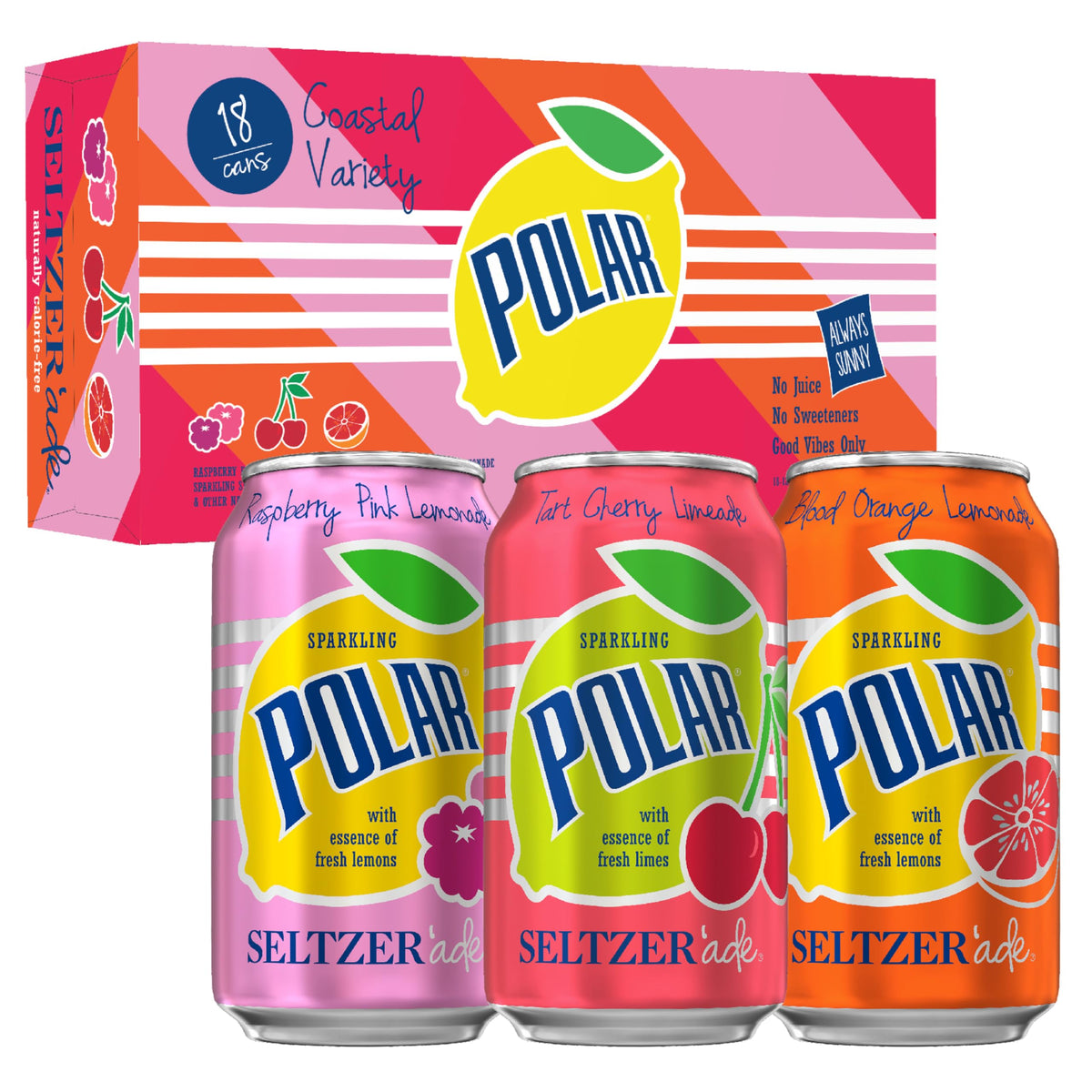 Polar Seltzer'ade Coastal Variety Pack cans offer crisp, calorie-free refreshment with natural fruit flavors.