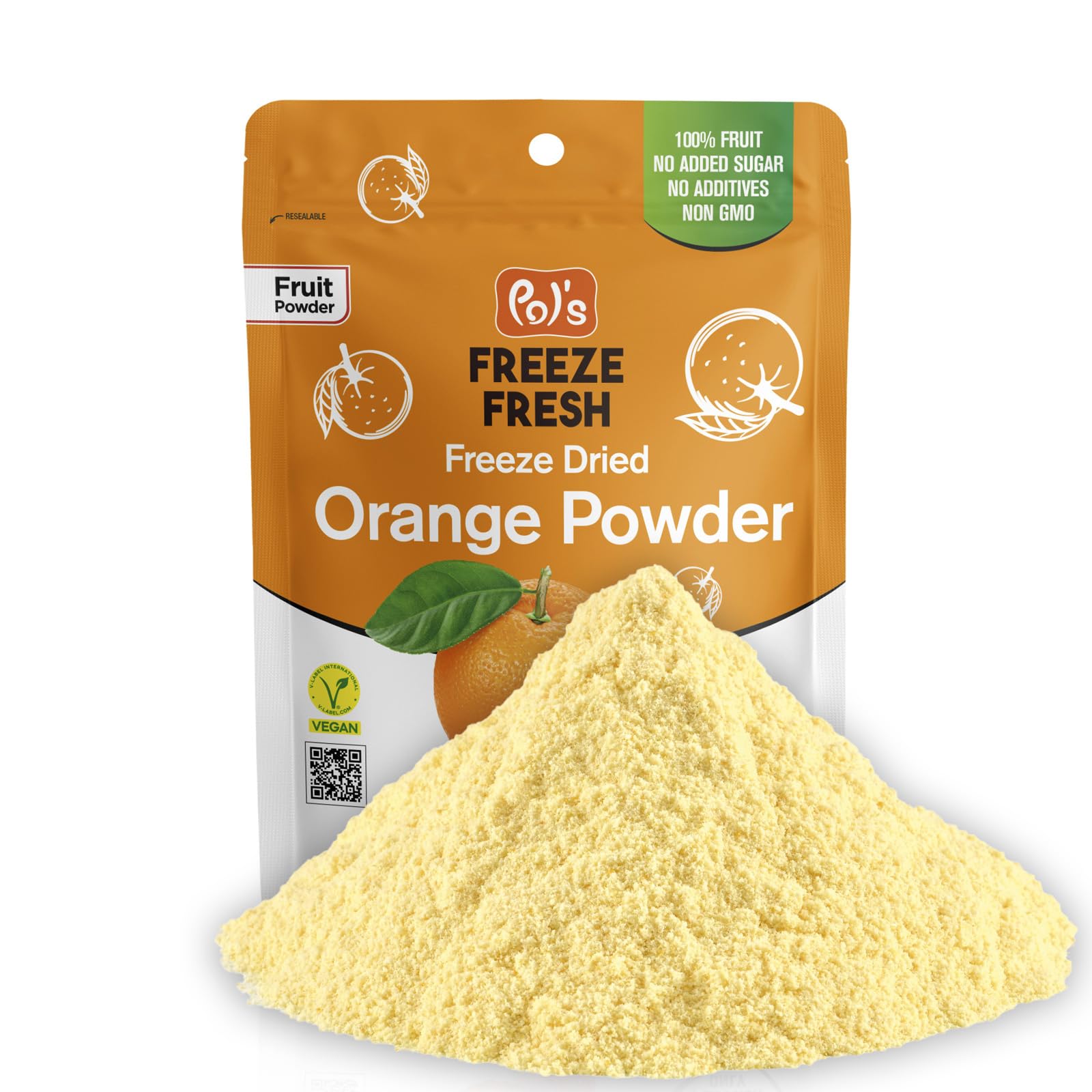 Pol’s Freeze Fresh orange powder zip bag keeps freshness for easy storage