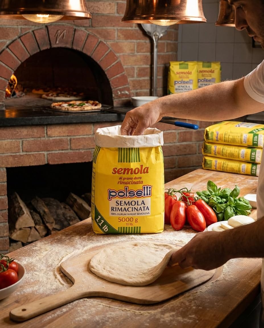 POLSELLI label on bag emphasizes all-natural, non-GMO flour