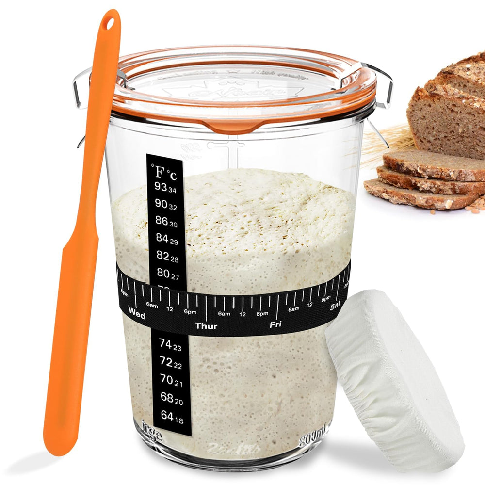 POLYHNIA sourdough starter jar with wide mouth for easy feeding and stirring.