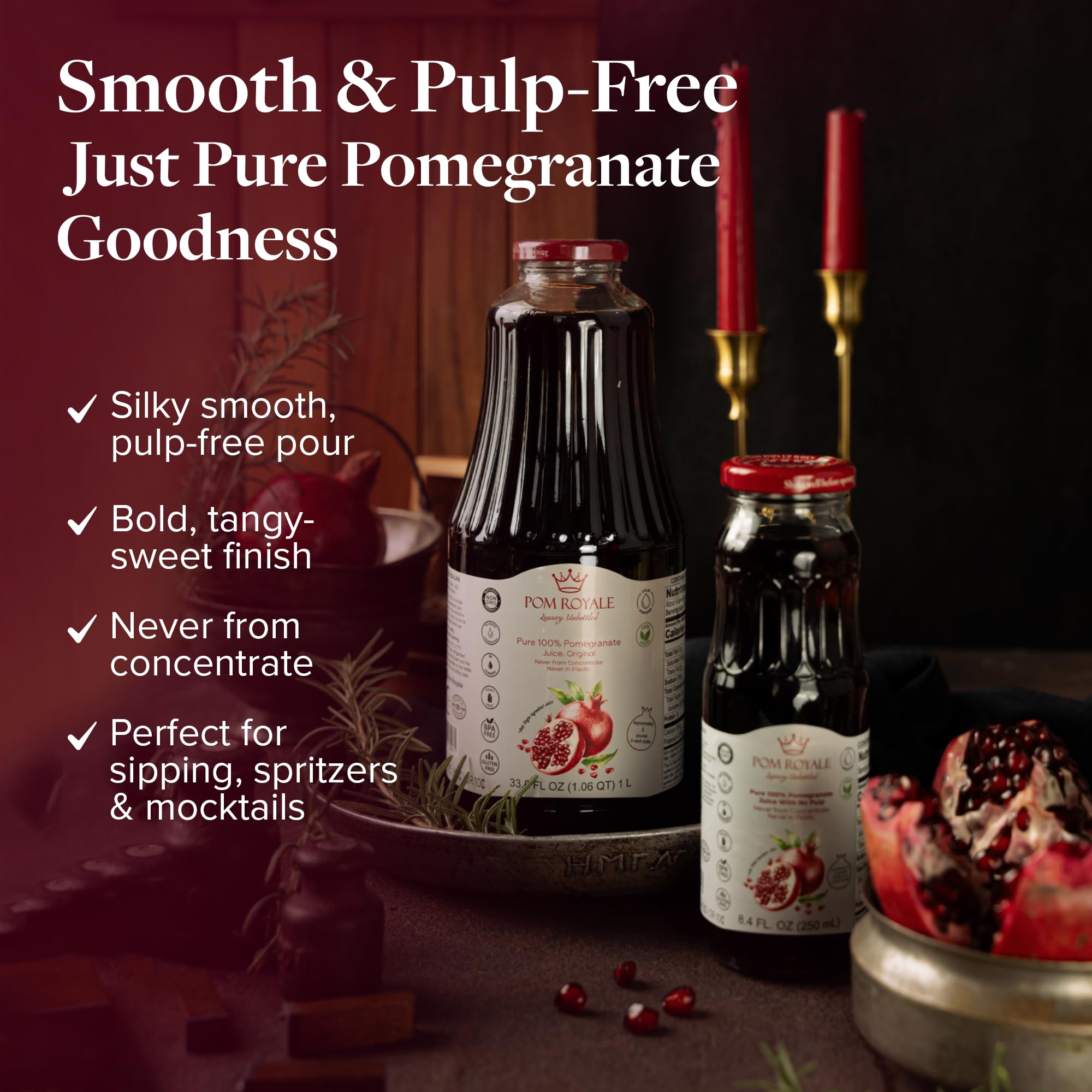 Hand holding Pom Royale 8.4oz glass bottle for on-the-go refreshment