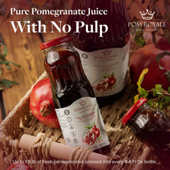 Close-up of Pom Royale bottle label emphasizing cold-pressed not from concentrate quality