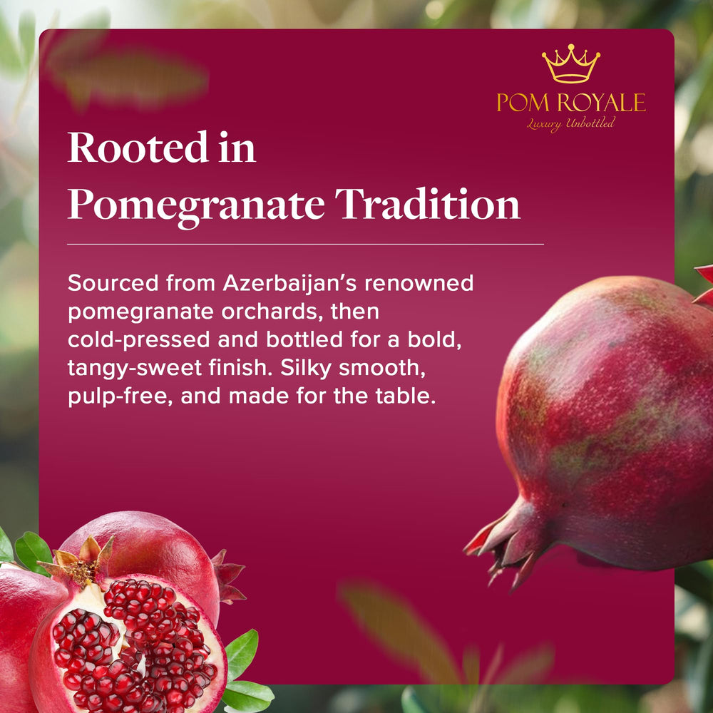 Non-GMO, preservative-free Pom Royale logo on bottle
