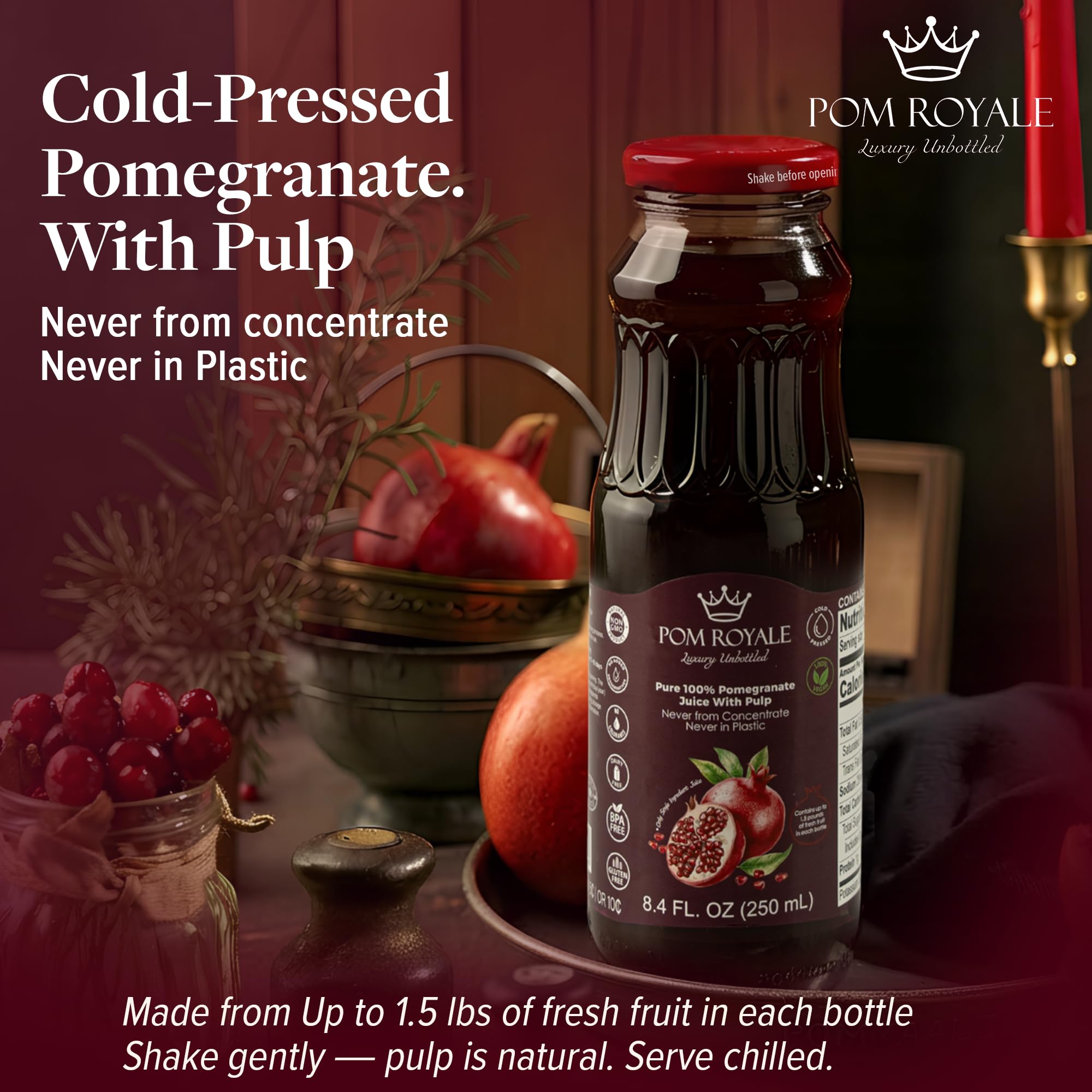 Pom Royale pomegranate juice glass bottle pack 12 shows convenient, on-the-go refreshment.