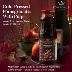 Pom Royale pomegranate juice glass bottle pack 12 shows convenient, on-the-go refreshment.