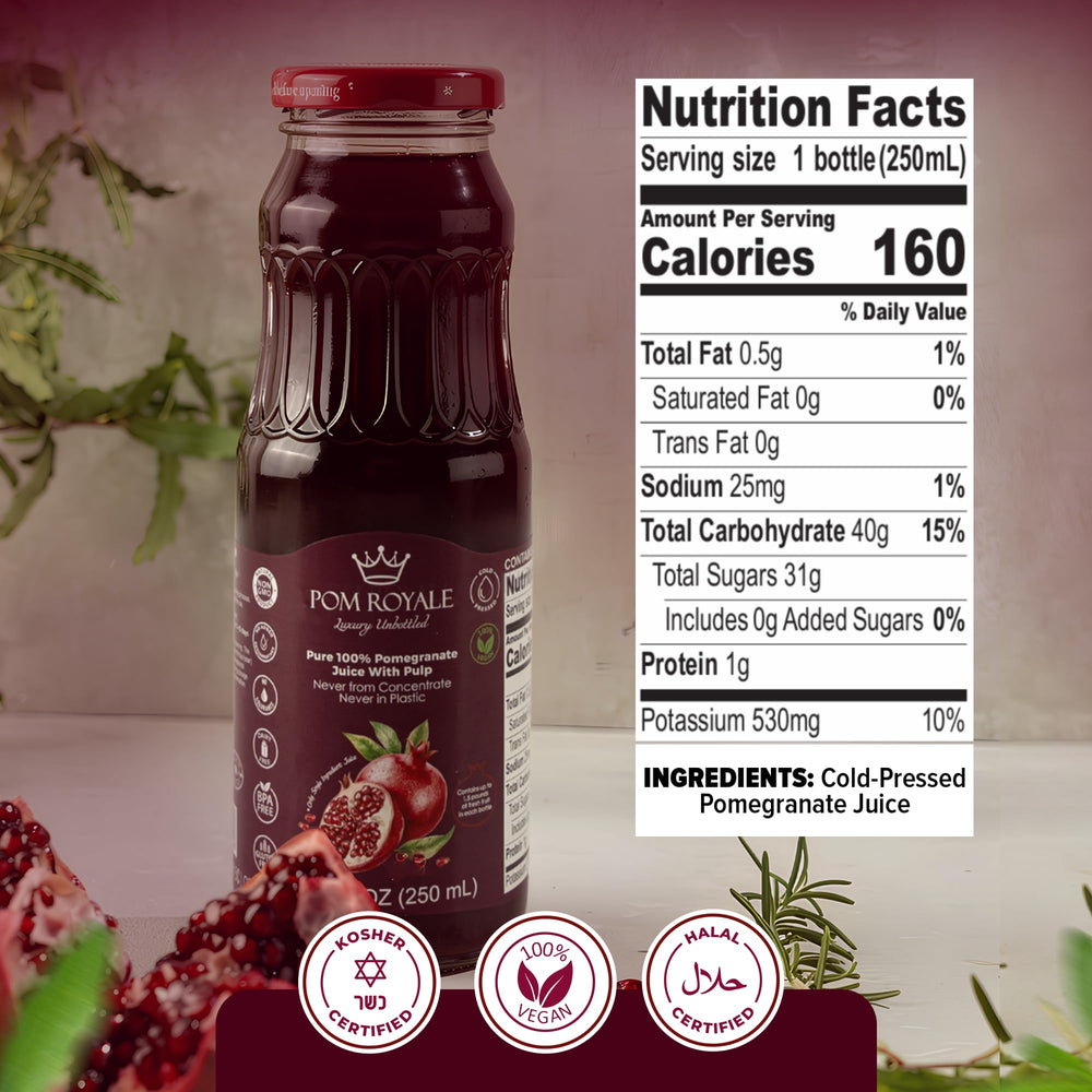 Pom Royale pomegranate juice pulp close-up highlights vibrant color and real fruit texture.