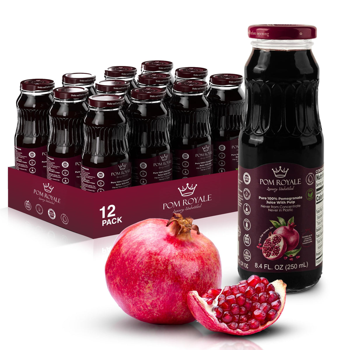 Pom Royale pure pomegranate juice with pulp in an 8.4oz bottle for a refreshing, fiber-rich sip.