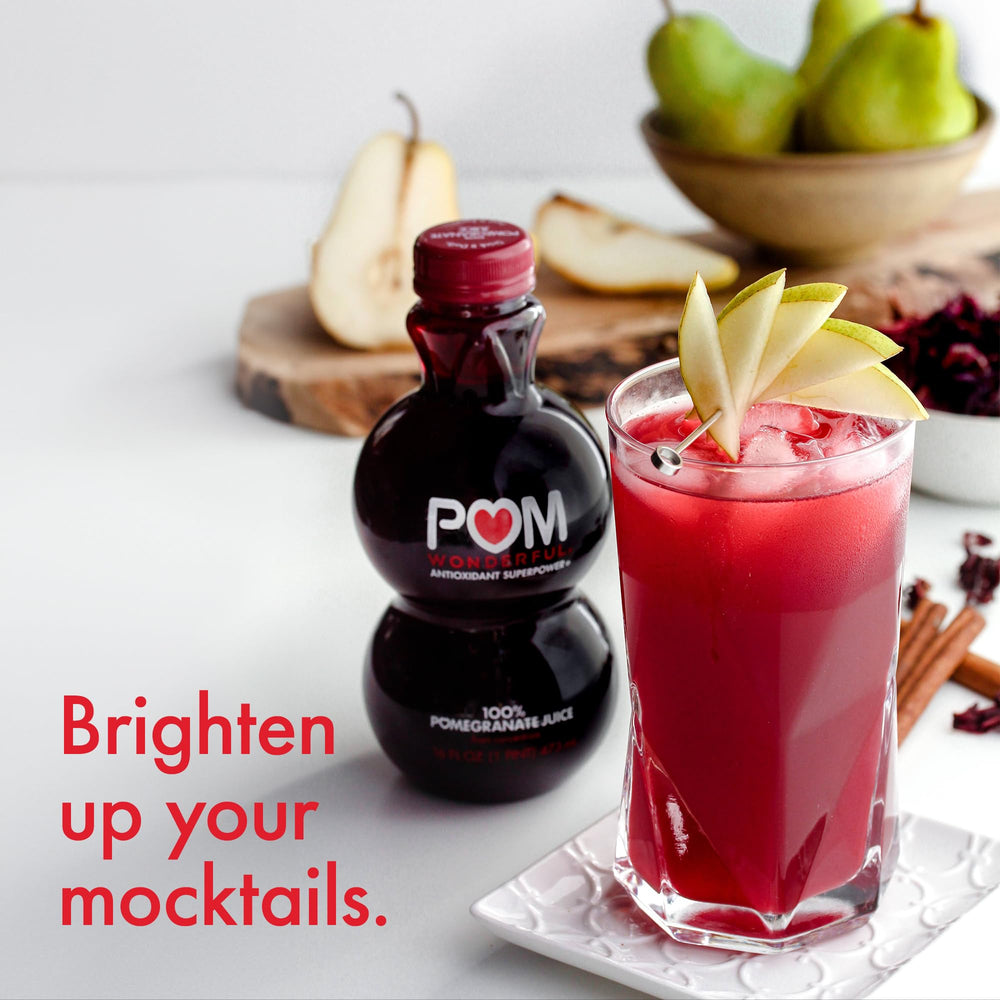 POM Wonderful 100% Pomegranate Juice in a glass, refreshing breakfast option.