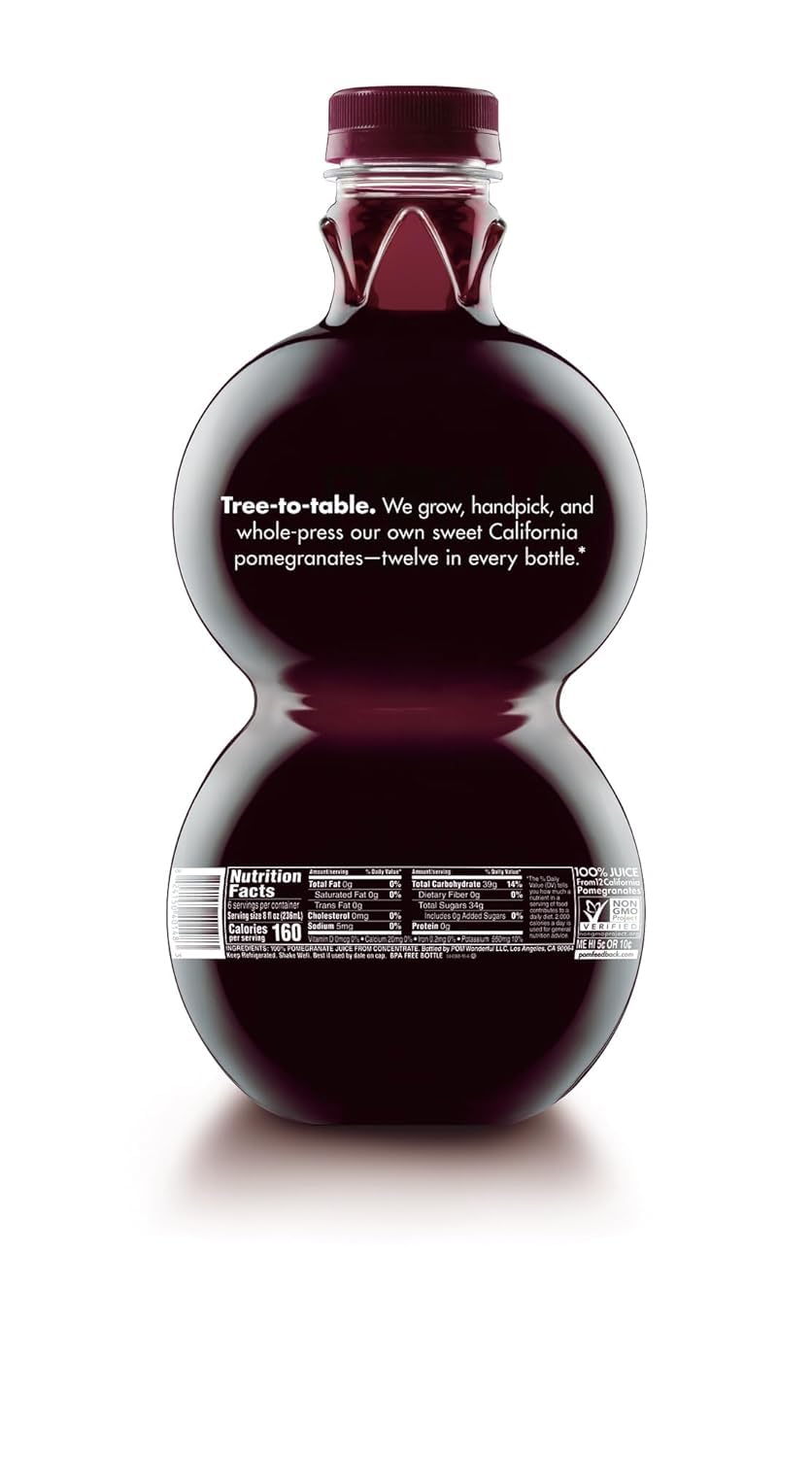 POM Wonderful 100% Pomegranate Juice pack of two bottles on counter.