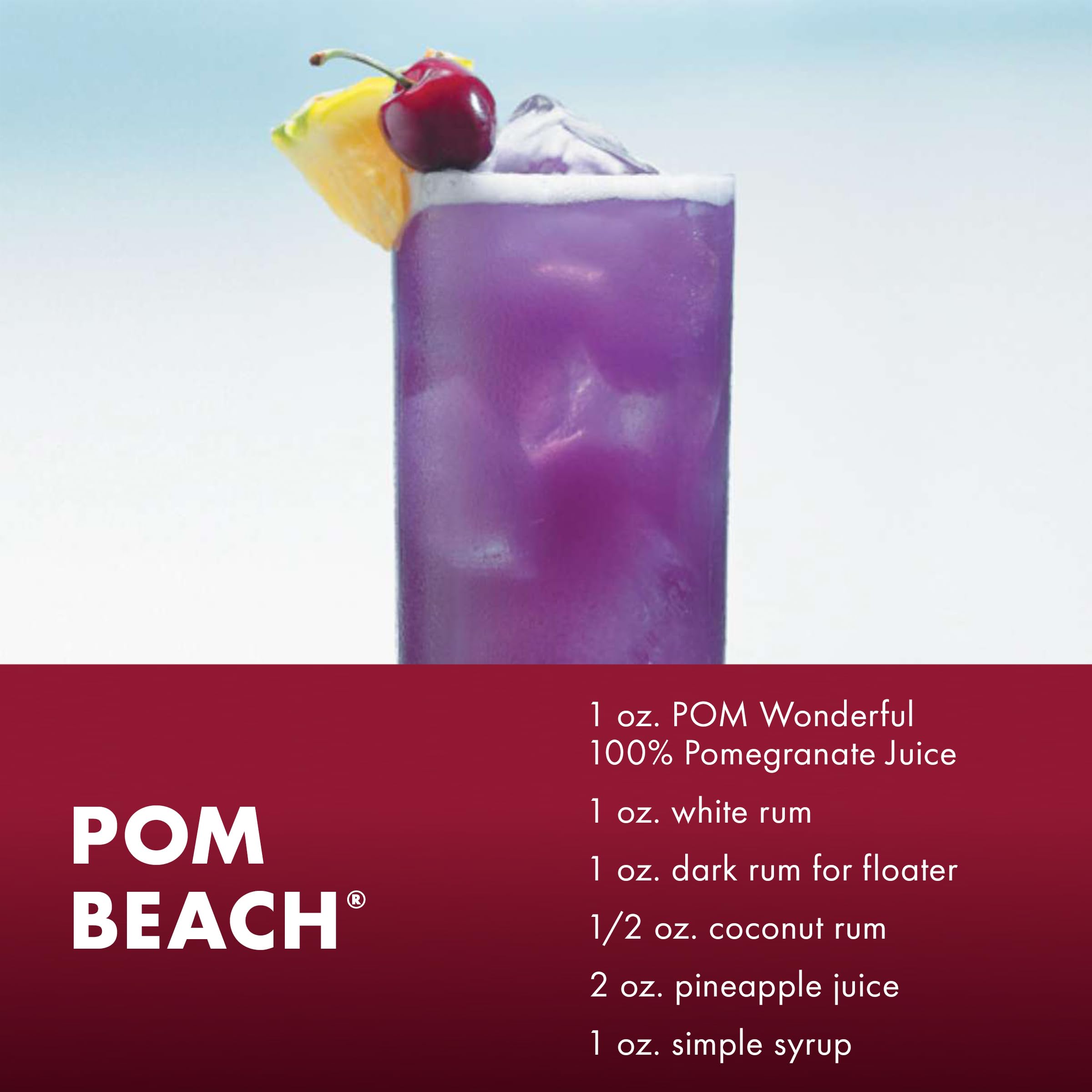 POM Wonderful 100% Pomegranate Juice pouring, vibrant color and tart-sweet balance.