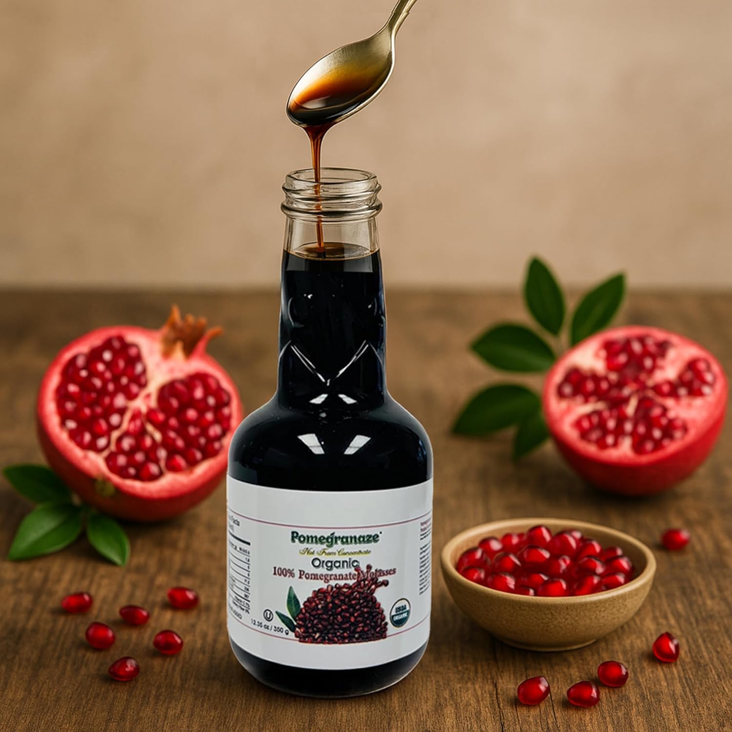Pomegranaze bottle in a pantry for convenient kitchen staples.
