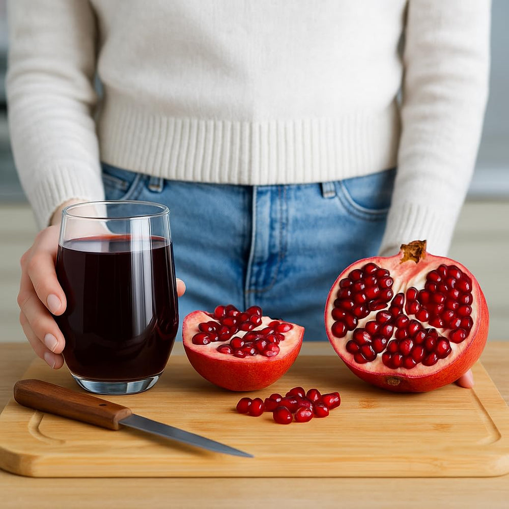 Pomegranaze juice pour shows bold color and flavor for on-the-go enjoyment.