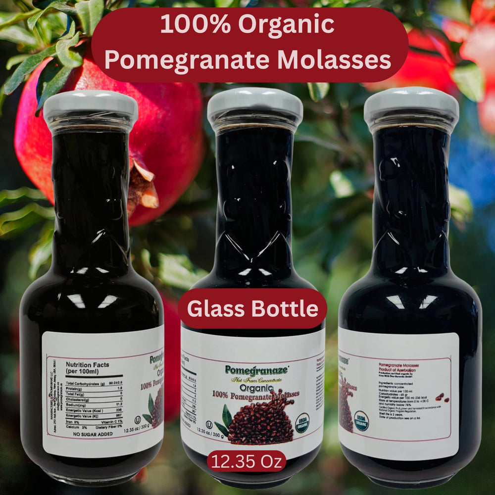 Pomegranaze glass bottle on a kitchen counter highlighting clean label quality.