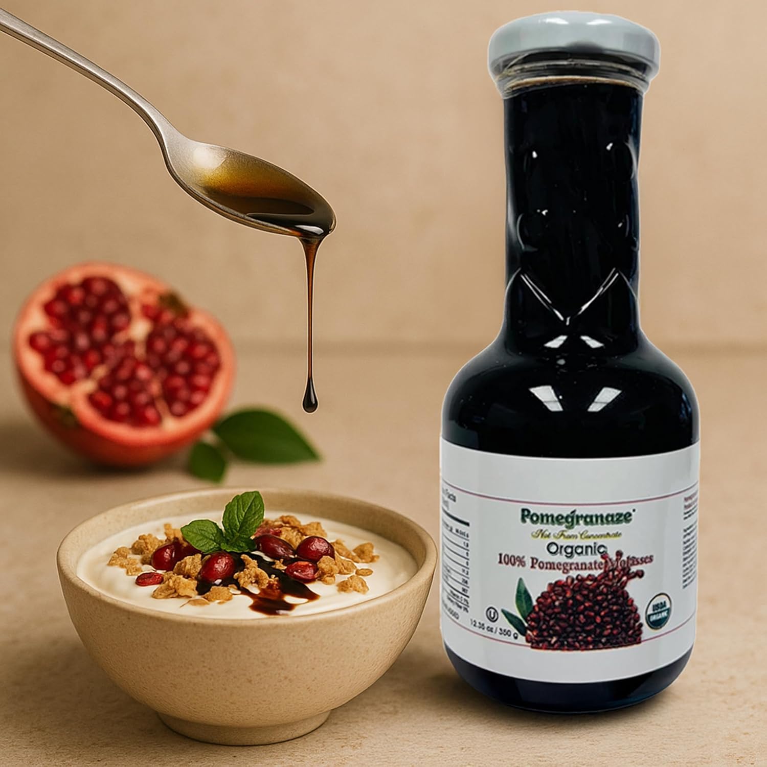 Pomegranaze thick, velvety dark syrup close-up showing rich texture.