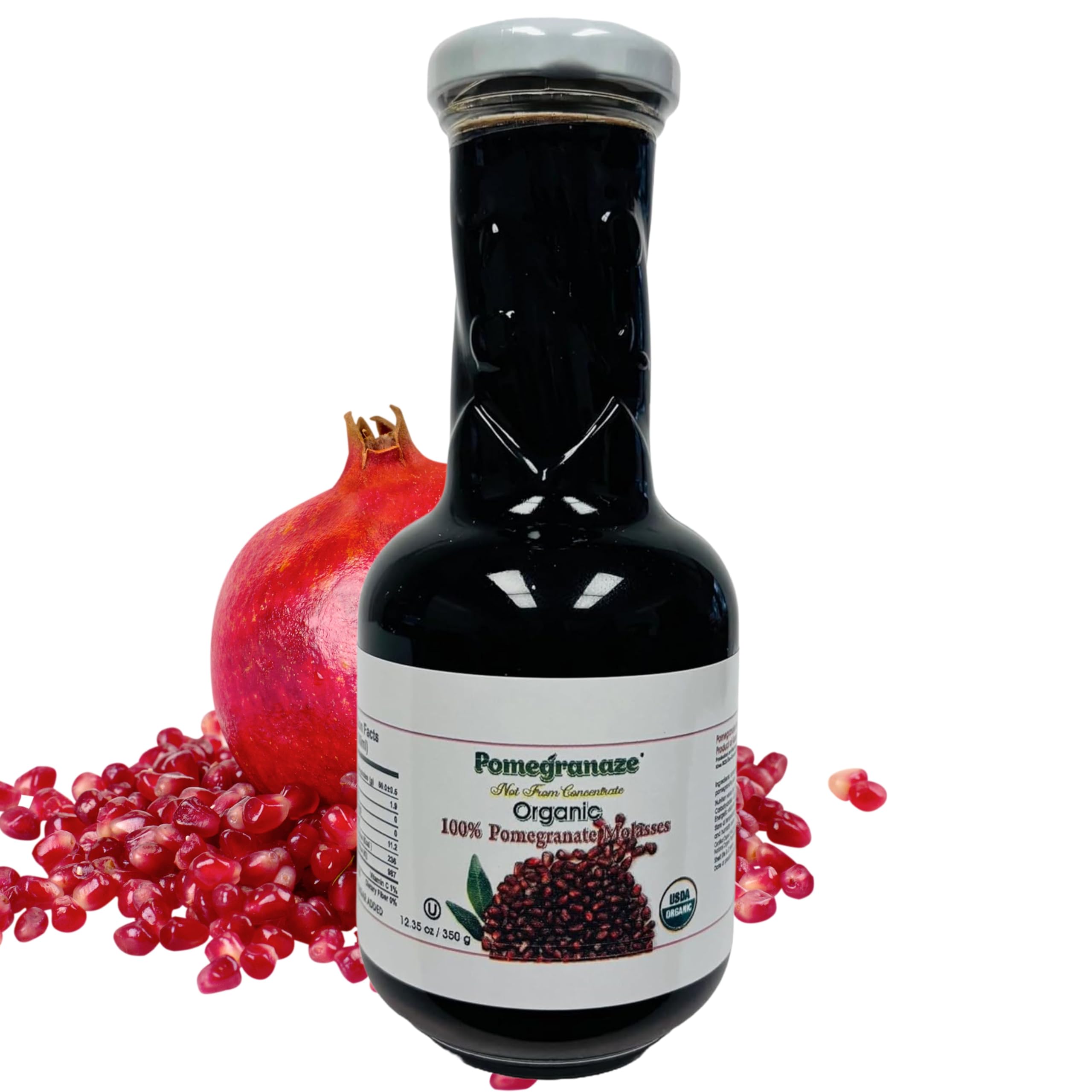 Pomegranaze pomegranate molasses bottle shows rich glaze for dressings and marinades.
