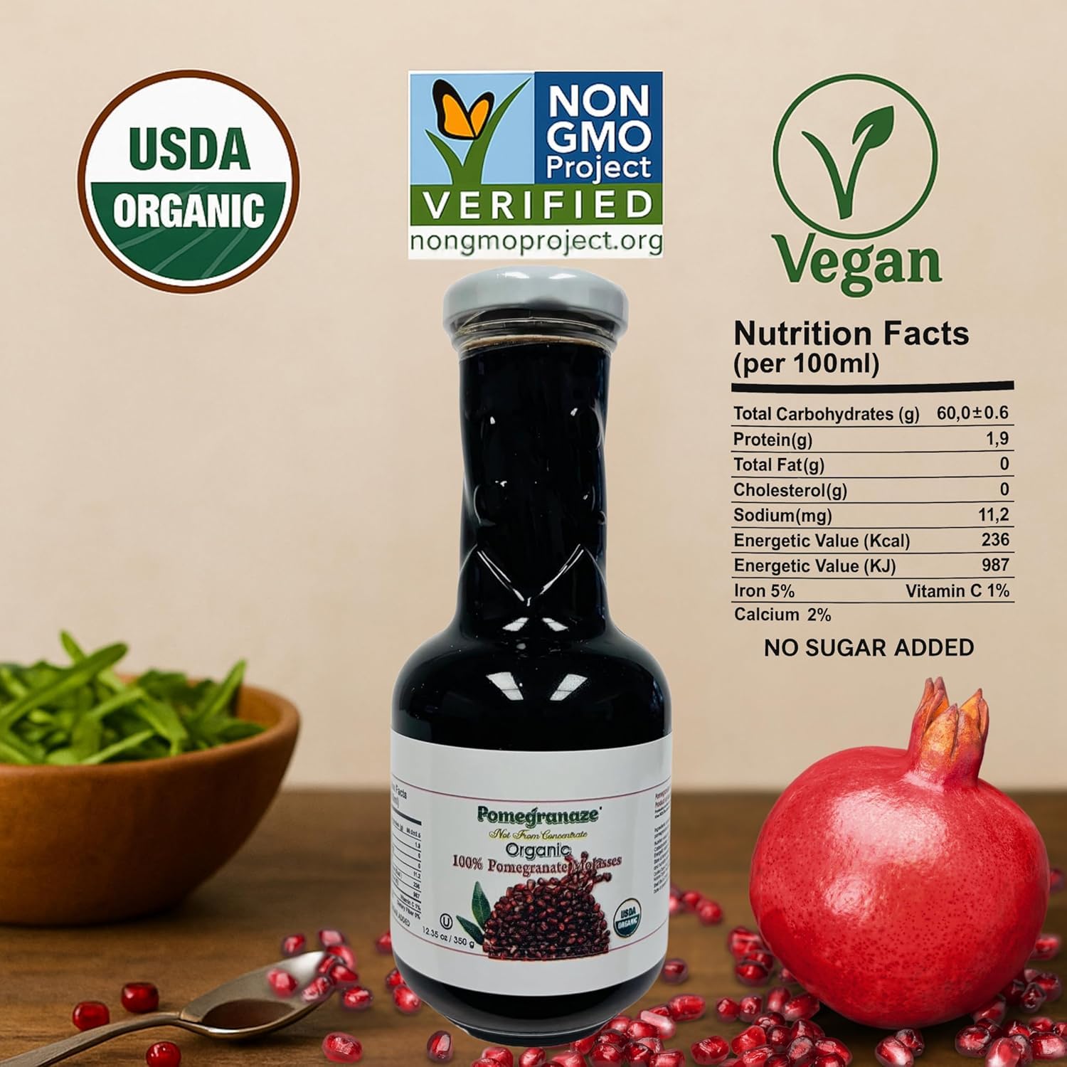 Pomegranaze organic molasses glass bottle close-up highlights vibrant color.