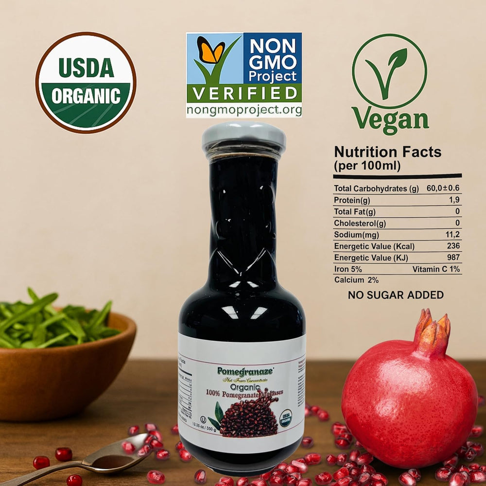 Pomegranaze organic molasses glass bottle close-up highlights vibrant color.