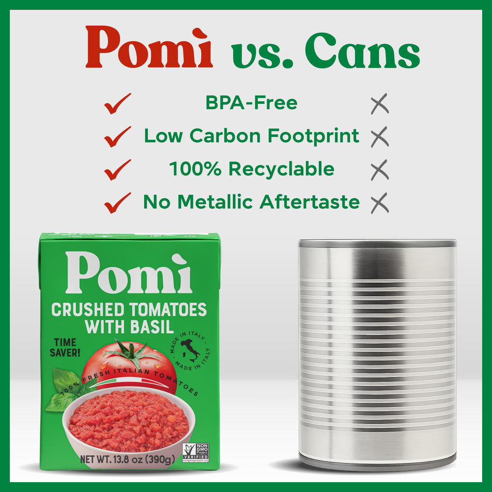 Pomi groceries shelf image emphasizes convenient, bulk-pack shopping.