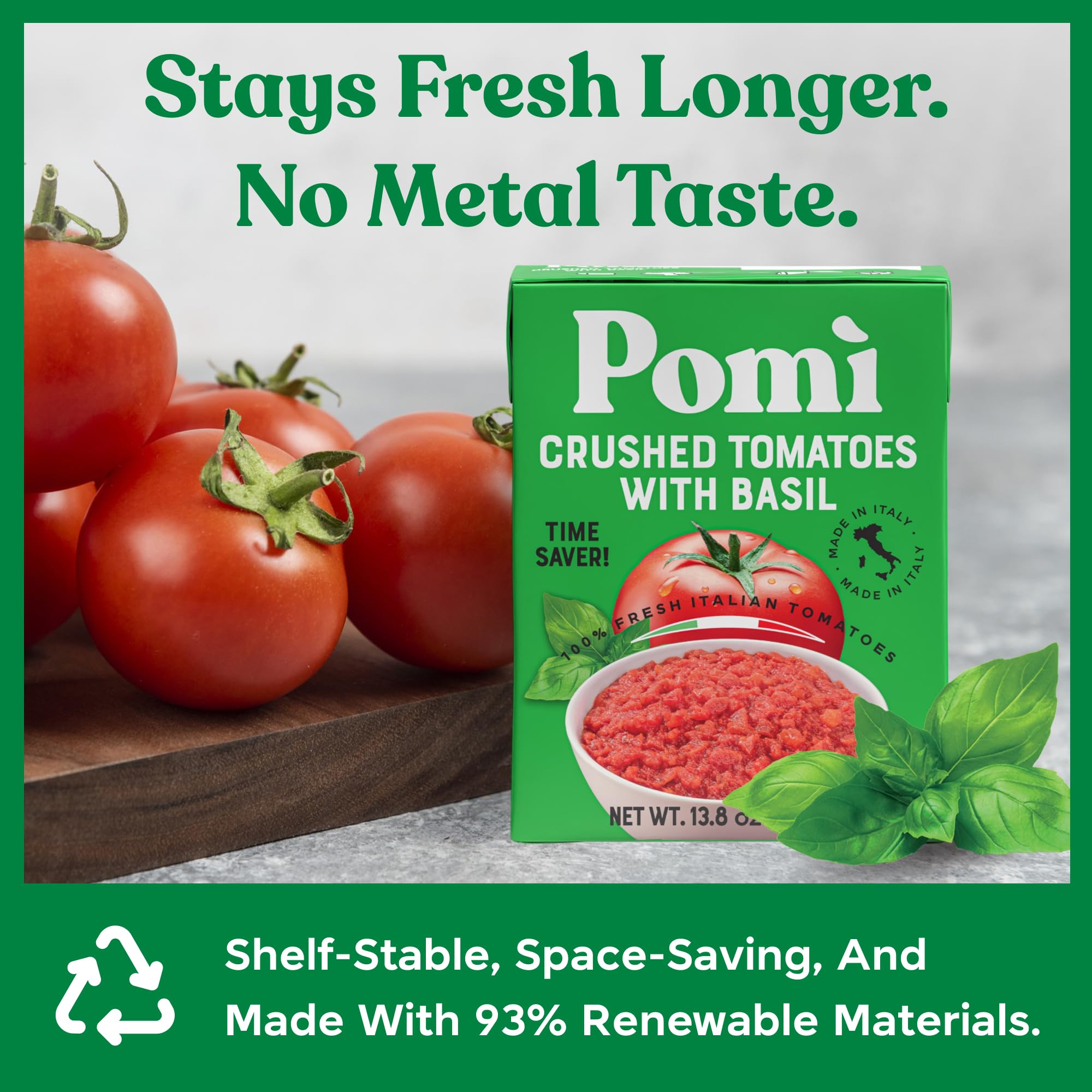 Pomi product image features tomatoes and basil illustration for flavorful cooking.