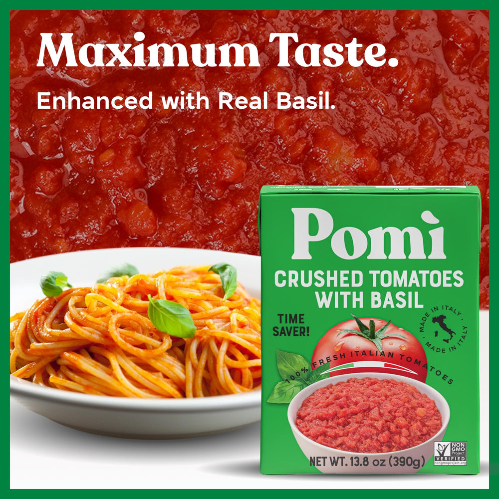 Pomi Crushed Tomatoes with Basil jar shown pouring for quick weeknight meals.