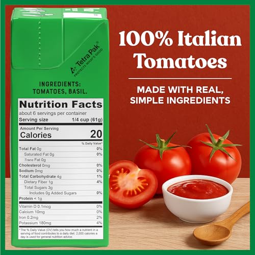 Pomi Crushed Tomatoes with Basil label close-up highlights no added salt and gluten-free.
