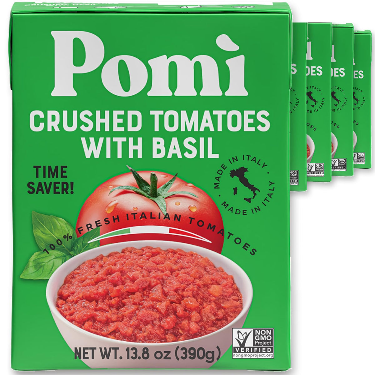 Pomi Crushed Tomatoes with Basil packaging showcases ready-to-use Italian sauce base.