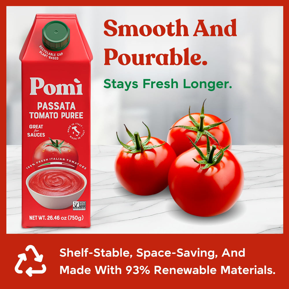 Pomì Passata 100% fresh Italian tomatoes shown, vibrant color.