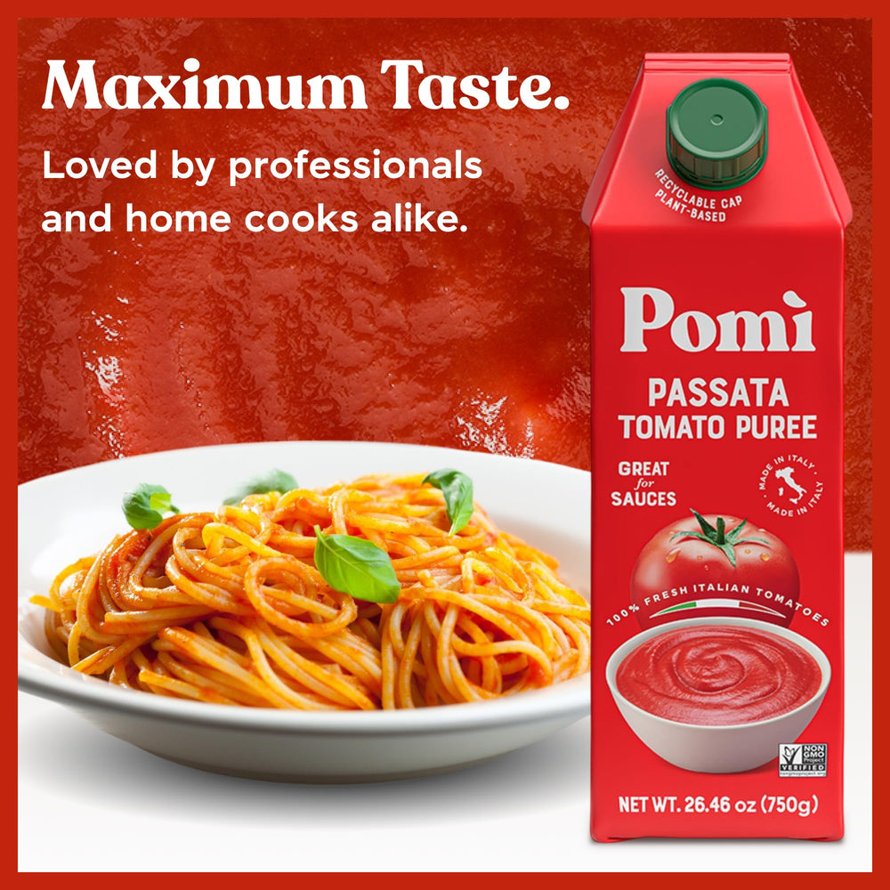 Pomì Passata contains no artificial preservatives, delivering pure tomato flavor.